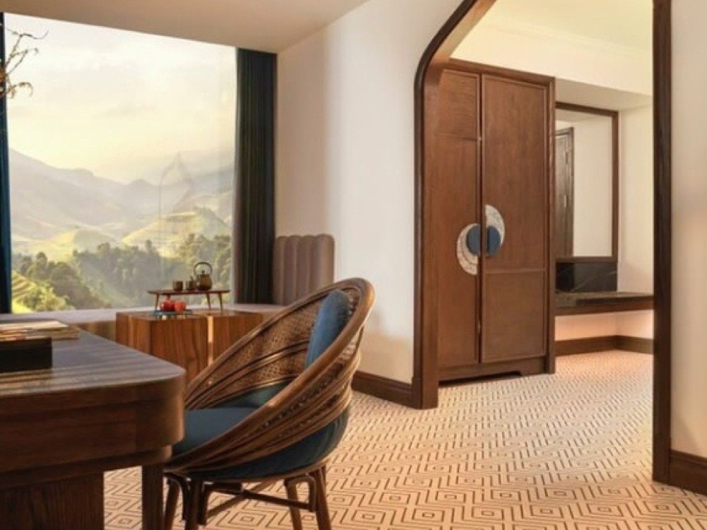 Hotel room with a geometric patterned floor